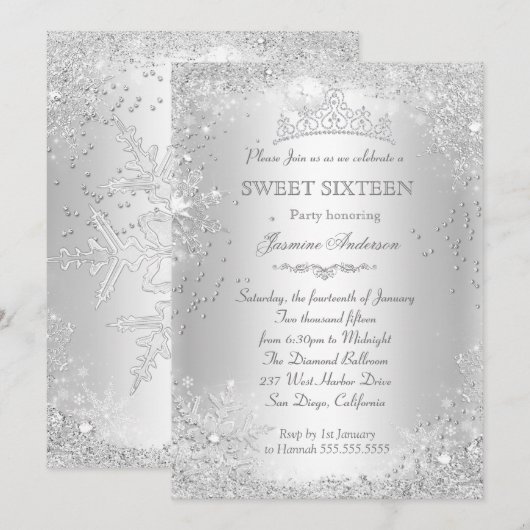 Invitation Silver Winter Wonderland Sweet 16 Tiara (Devant / Derrière)