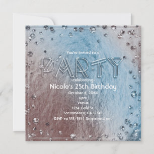 Invitation Silvery Blue Faux Foil Bling Anniversaire