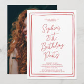Invitation Simple 21st Birthday Hand drawn Script Red Photo (Devant / Derrière)