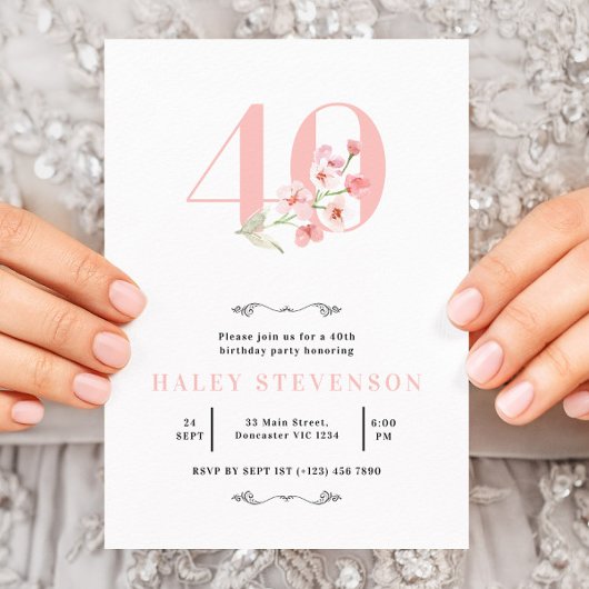 Invitation Simple 40e anniversaire floral chic rose et blanc