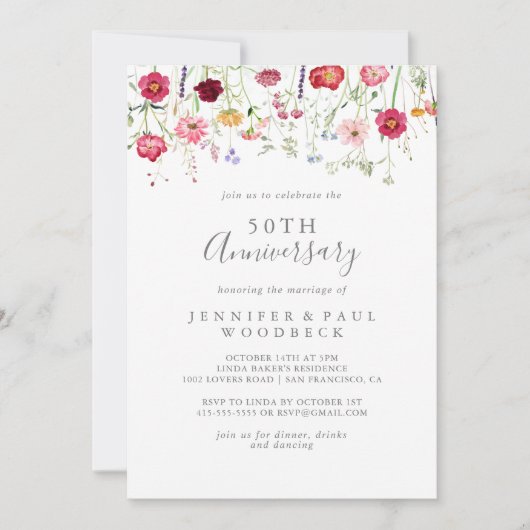 Invitation Simple 50e anniversaire de Mariage Fleur sauvage (Devant)