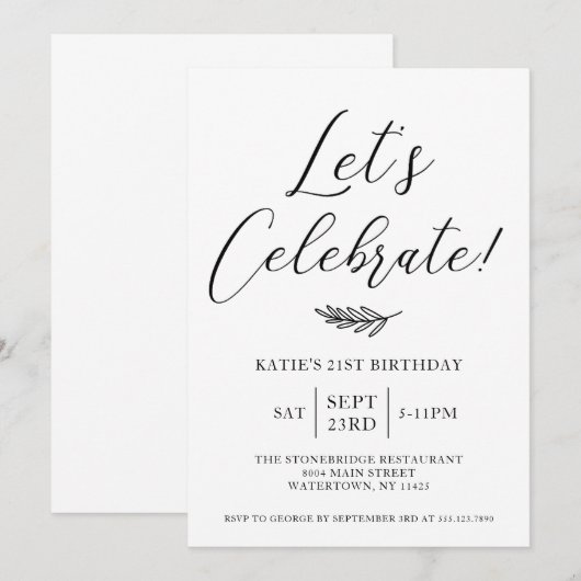 Invitation simple à la fête d'anniversaire (Devant / Derrière)