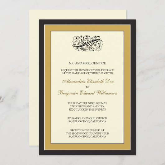 Invitation simple à un mariage noir/or 5x7 (Devant / Derrière)