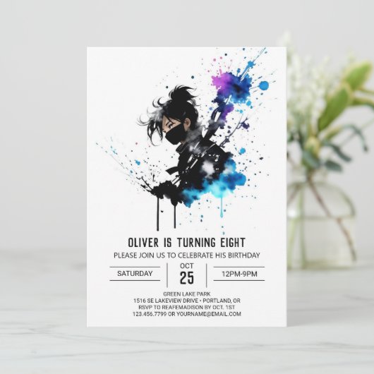 Invitation Simple Adorable Ninja Boy Digital Annithday (Debout devant)