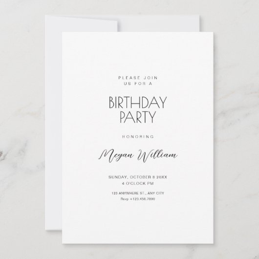 Invitation Simple anniversaire blanc minimaliste (Devant)
