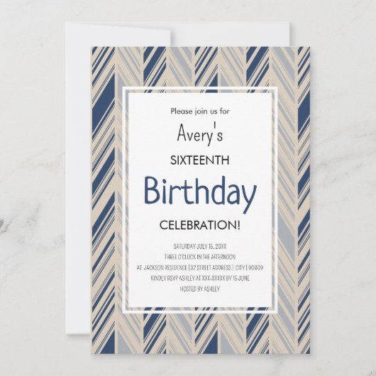 Invitation Simple Anniversaire Chevron Bleu (Devant)