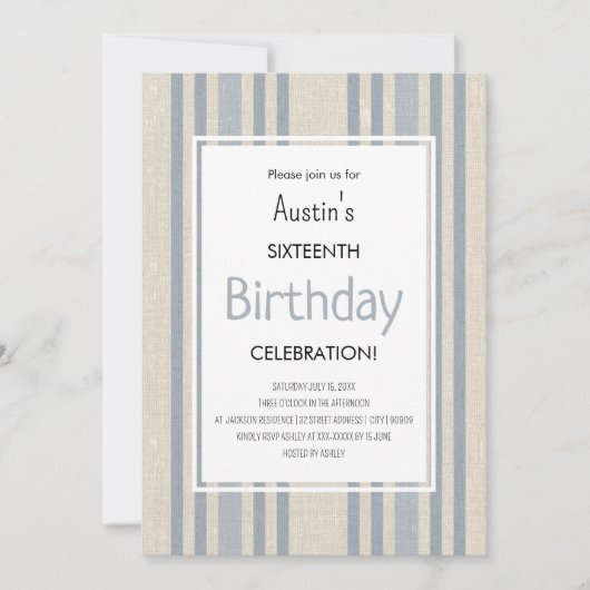 Invitation Simple Anniversaire Rayé Bleu (Devant)