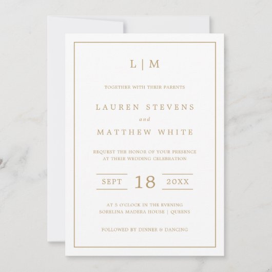Invitation Simple Antique Or Monogramme Mariage élégant (Devant)