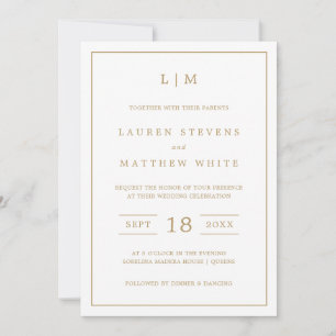 Invitation Simple Antique Or Monogramme Mariage élégant