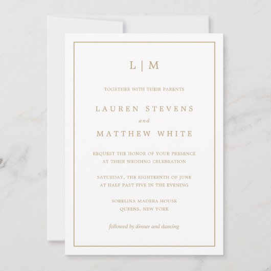 Invitation Simple Antique Or Monogramme Mariage élégant (Devant)