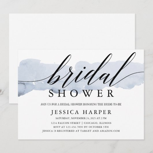 Invitation Simple aquarelle bleu calligraphie nuptiale (Devant / Derrière)