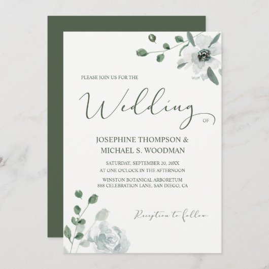 Invitation Simple Aquarelle Botanique Vert Mariage Script (Devant / Derrière)
