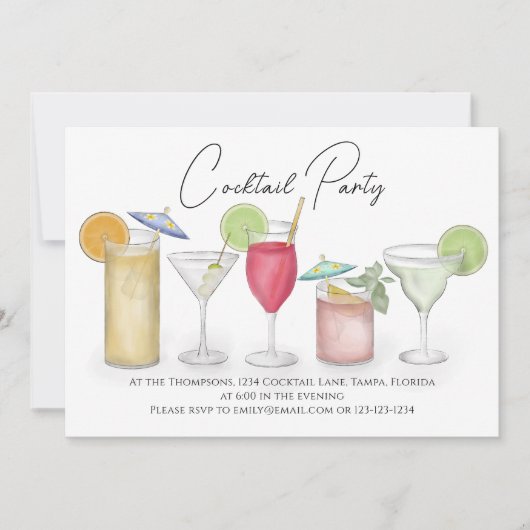 Invitation Simple Aquarelle Cocktails Boissons Whimsical Fun (Devant)