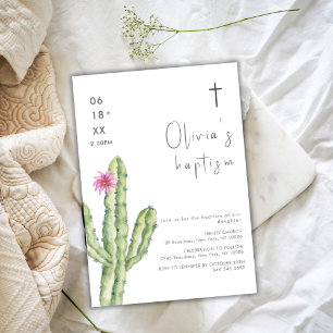 Invitation Simple aquarelle Cuctus Fleur Croix Baptême