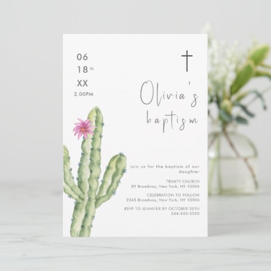 Invitation Simple aquarelle Cuctus Fleur Croix Baptême (Debout devant)