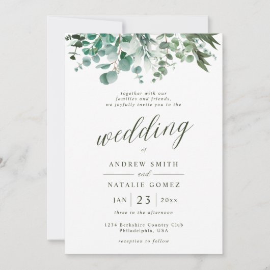 Invitation Simple aquarelle Eucalyptus Mariage vert (Devant)