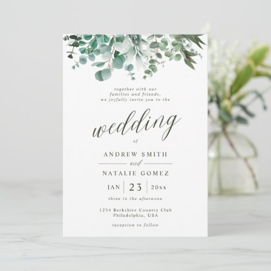 Invitation Simple aquarelle Eucalyptus Mariage vert (Debout devant)
