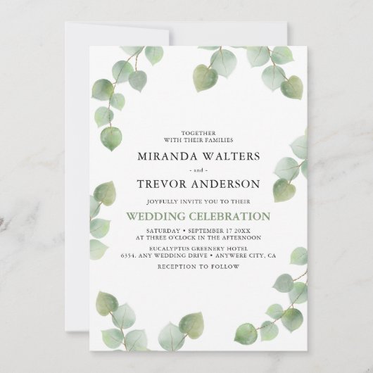 Invitation Simple aquarelle Eucalyptus Mariage vert (Devant)