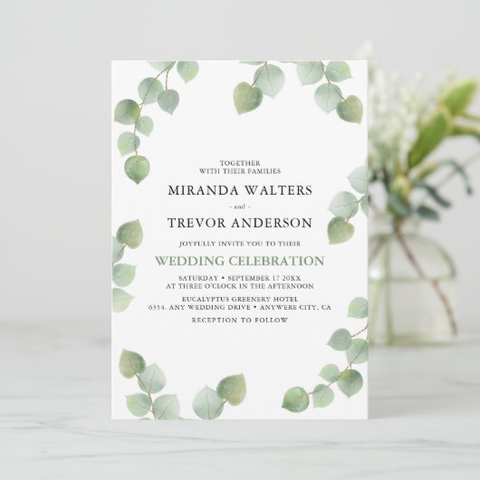 Invitation Simple aquarelle Eucalyptus Mariage vert (Debout devant)