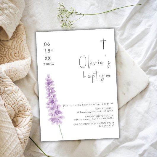 Invitation Simple aquarelle Lavender Fleur Croix Baptême