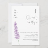 Invitation Simple aquarelle Lavender Fleur Croix Baptême (Devant)