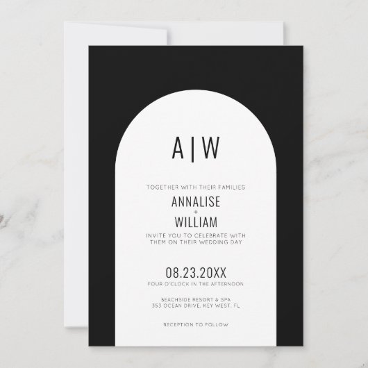 Invitation Simple Arc moderne noir Mariage blanc (Devant)