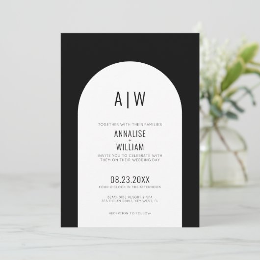 Invitation Simple Arc moderne noir Mariage blanc (Debout devant)