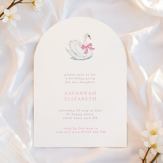Invitation Simple Arch Swan & Pink Bow Girls Birthday Party