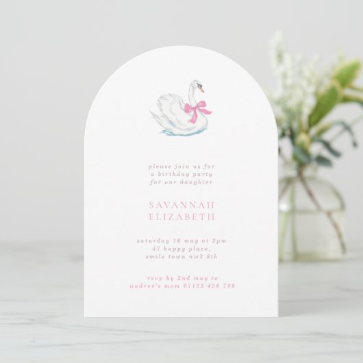 Invitation Simple Arch Swan & Pink Bow Girls Birthday Party (Debout devant)