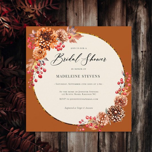 Invitation Simple Automne Wreath Mums Berries Terracotta Brid