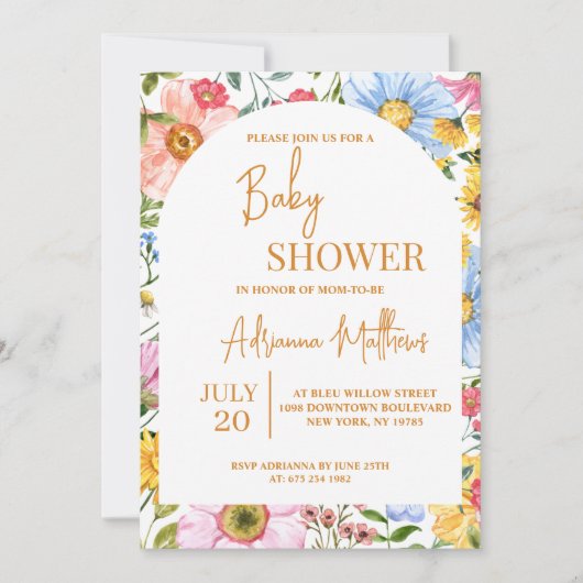 Invitation simple Baby shower floral aquarelle (Devant)