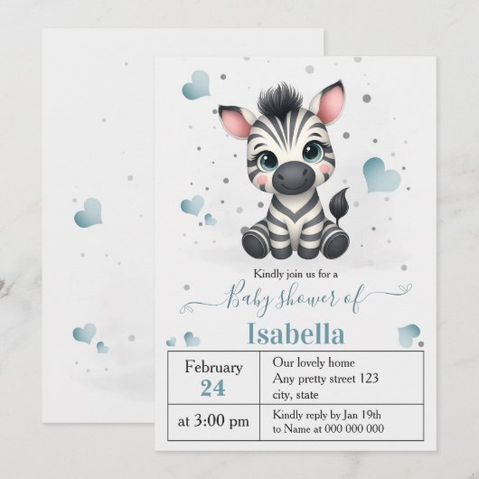 Invitation Simple baby shower mignon petit zèbre (Devant / Derrière)