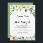Invitation Simple Bat mitzvah Floral Green Calligraphy<br><div class="desc">Cette simple invitation à bat mitzvah de calligraphie verte florale est parfaite pour un bat mitzvah tropical. Le design présente de beaux roses blancs,  roses et blush peints à la main et incrustés dans un feuillage vert,  une beauté artistique inspirante.</div>