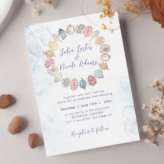 Invitation Simple Beach Ocean Seashell Wreath Mariage photo