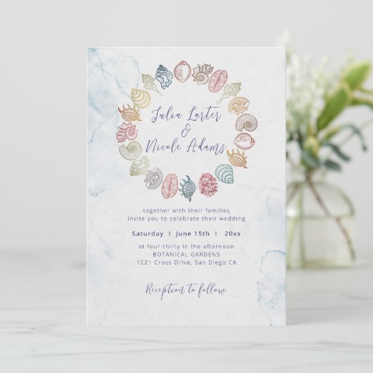 Invitation Simple Beach Ocean Seashell Wreath Mariage photo (Debout devant)