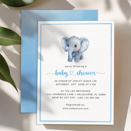 Invitation Simple bébé garçon douche aquarelle Eléphant