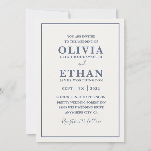 Invitation Simple Beige Dusty Blue Minimalist Border Wedding (Devant)