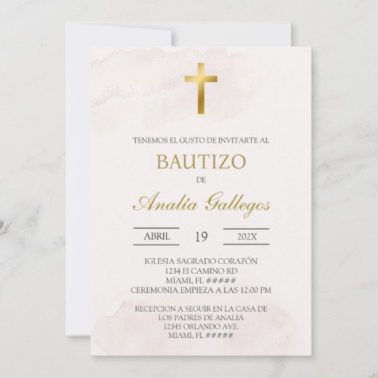 Invitation Simple beige Spanish baptism (Devant)