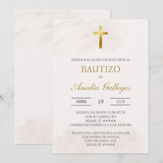 Invitation Simple beige Spanish baptism (Devant / Derrière)