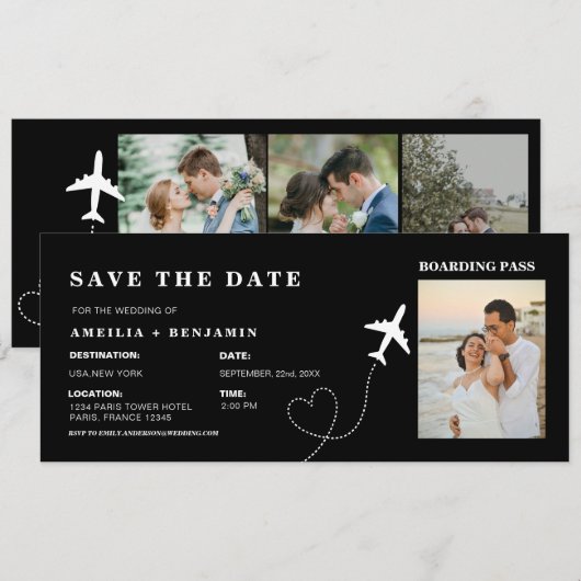Invitation Simple billet d'avion pour mariage de destination (Devant / Derrière)