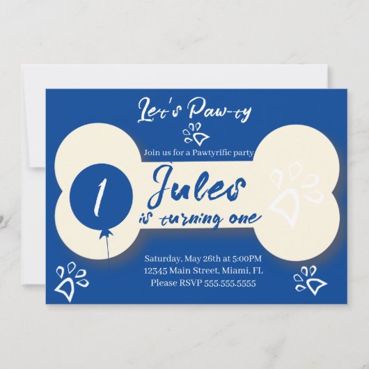 Invitation Simple Birthday Chien Os Paw Party Blue (Devant)