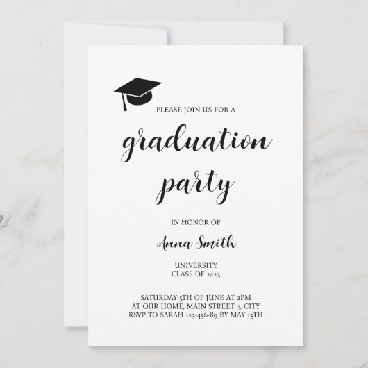 Invitation simple Black and White Graduation Party (Devant)