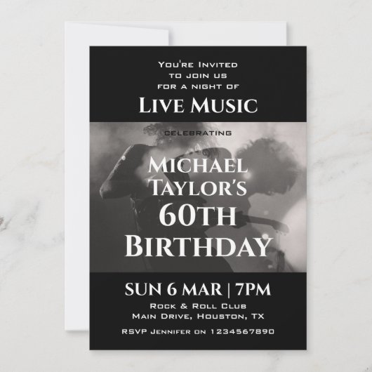 Invitation Simple Black and White Music 60e fête d'anniversai (Devant)