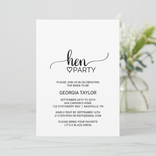 Invitation Simple Black Calligraphie Hen Party (Debout devant)