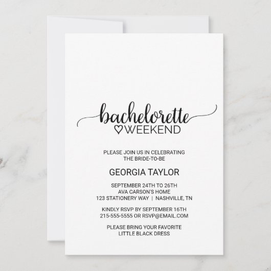 Invitation Simple Black Calligraphy Bachelorette Week-end (Devant)