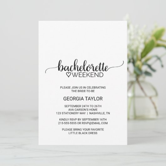 Invitation Simple Black Calligraphy Bachelorette Week-end (Debout devant)