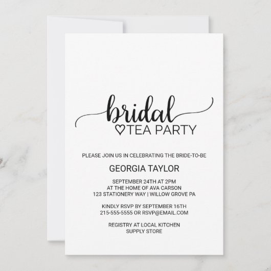 Invitation Simple Black Calligraphy Bride Tea Party (Devant)