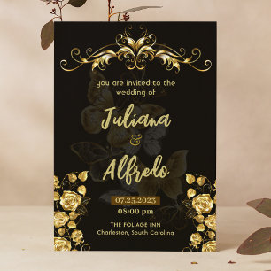 Invitation Simple Black Gold Floral Moderne & Mariage élégant