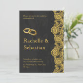 Invitation Simple Black Gold Floral Moderne Mariage élégant (Debout devant)