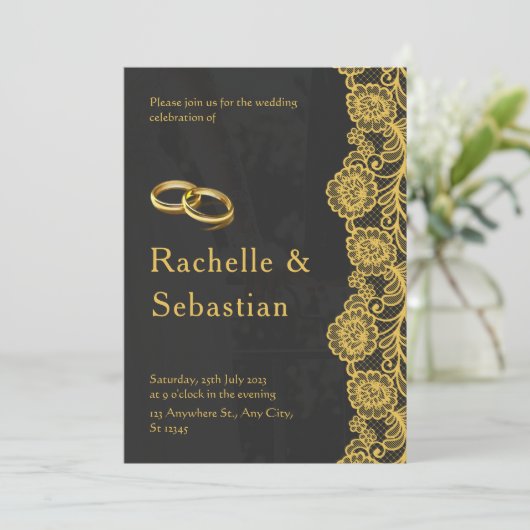 Invitation Simple Black Gold Floral Moderne Mariage élégant (Debout devant)